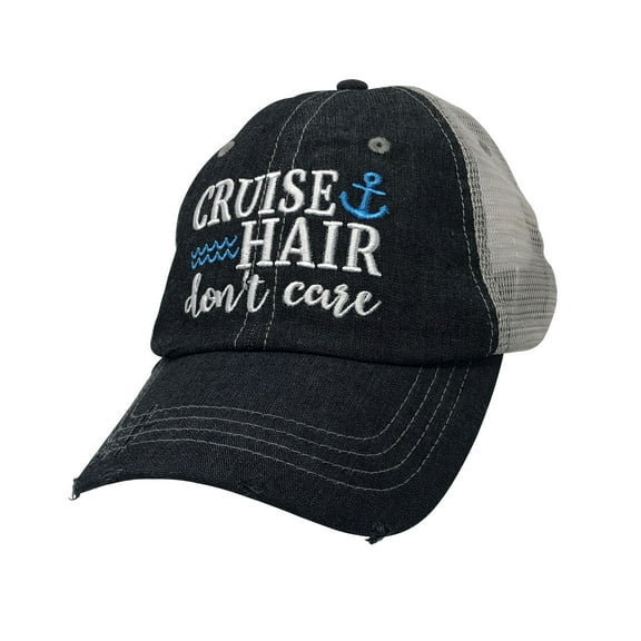 Cruise Hair Don't Care Embroidered Baseball Hat Mesh Trucker Style Hat Cap Cruise Vacation Dark Grey