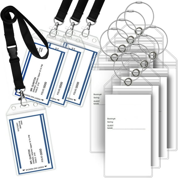 GreatShield Cruise Ship Essentials For Carnival, Princess, NCL, P&O Cruises & More, 4 Pack Vertical PVC Plastic ID Badge Pouch With Detachable Black Lanyard & 8 Pack Clear Luggage Tag Holders