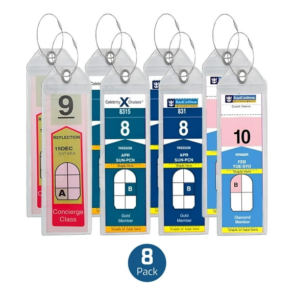 Cruise Luggage Tag Holder Zip Seal and Steel - Royal Caribbean and Celebrity Cruise Clear - 8 Pack