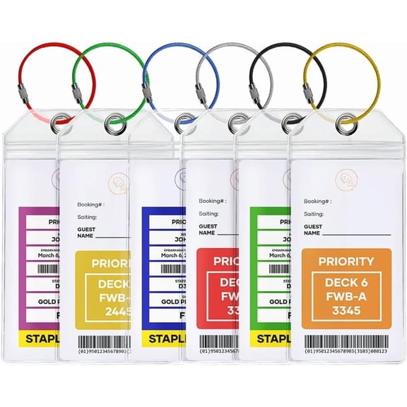 Cruise Luggage Tag Holders fit for  Printed Cruise Luggage Tags (Set of 6 ea with Colored Wire Loops) by