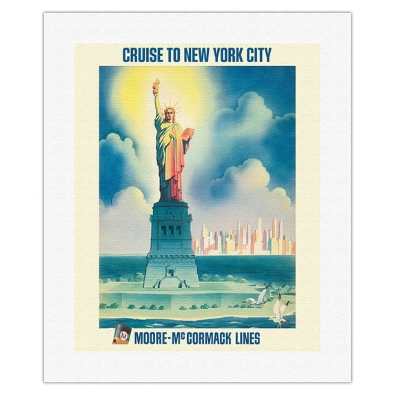 Cruise to New York City - Statue of Liberty - Moore-McCormack Lines - Vintage Ocean Liner Travel Poster by C. A. Rosser c.1950s - Fine Art Rolled Canvas Print 16in x 20in