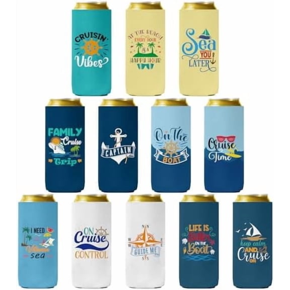 Cruise Party Slim Can Sleeves - Funny Cruise Gifts Exchange Ideas,12 Packs Neoprene Beer Cozy Bulk for Nautical Themed Party Decorations$$Home Decor, Kitchen, & Other