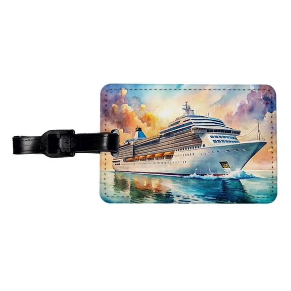 Cruise Ship At Sea Bon Voyage Watercolor Faux Leather Travel Luggage Tag
