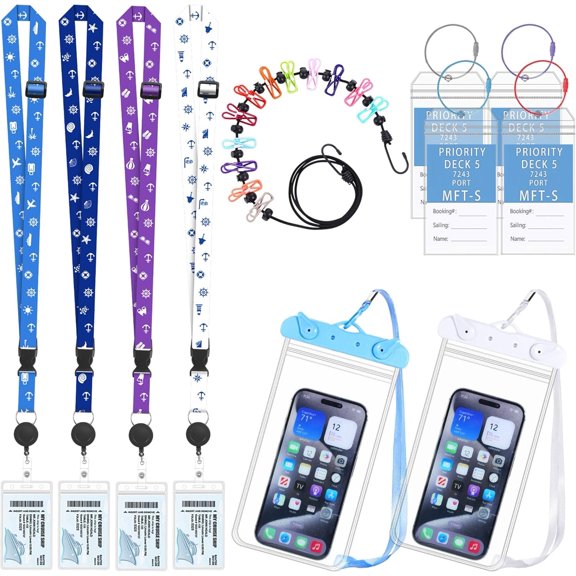 Cruise Ship Essentials 2026 Set, 4 count Retractable Lanyards, 4 count Luggage Tag Holders, 2  Phone Pouches, Retractable Clothesline for  Cruise Ship Lines Travel Accessories