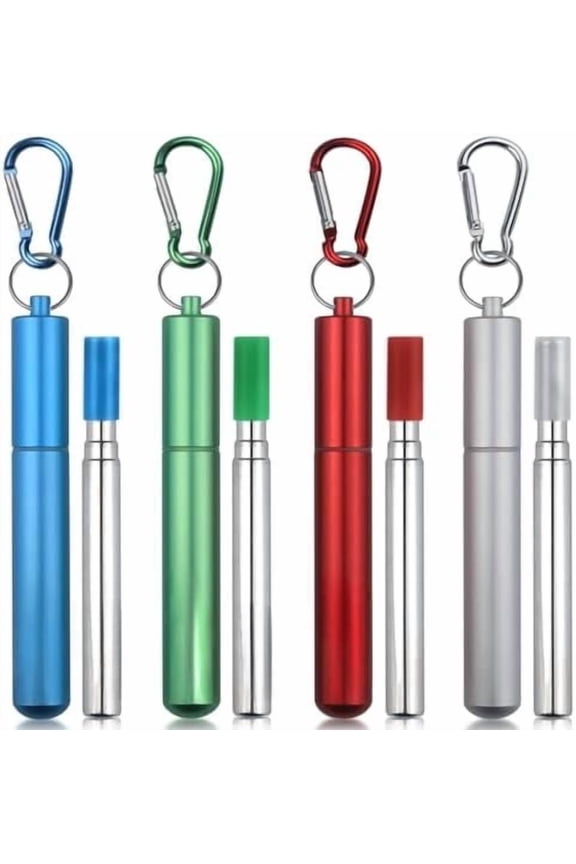 Cruise Ship Essentials,4-Pack reusable Collapsible Stainless Steel Drinking Straws with Aluminum Case,Cleaning Brush,and Keychains-Silver,Blue,Red,Green