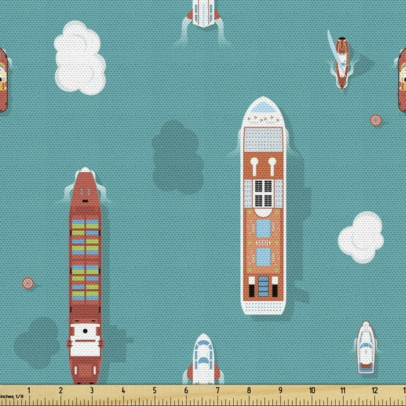 Ambesonne Cruise Ship Fabric by the Yard Upholstery, Top View of Sea Ships, 2 Yards, Multicolor
