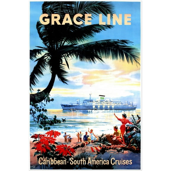 Cruise Ship - Grace Line - Caribbean - Vintage Travel Poster, Retro Posters (11x17Inches)