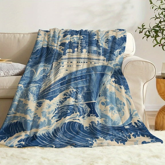 Cruise Ship Ocean Waves Flannel Throw Blanket Digital Print Knit Quilted Throw for All Seasons Soft Warm Travel Camping Nap Blanket Contemporary Watercolor Style Home Office Decor