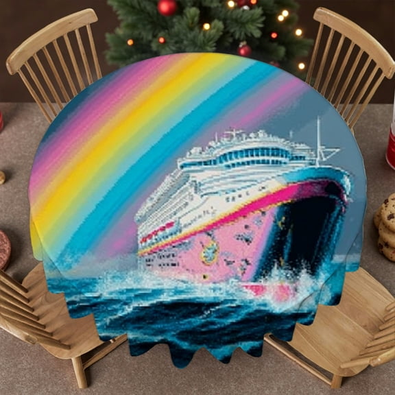 Cruise Ship Rainbow Ocean Vacation Tablecloth for dining table round, Festive Table Setting - 2D Flat Printing tablecloths for round tables, Cafe, dinner, brunch, buffet, picnic, wedding,60x60 Inch