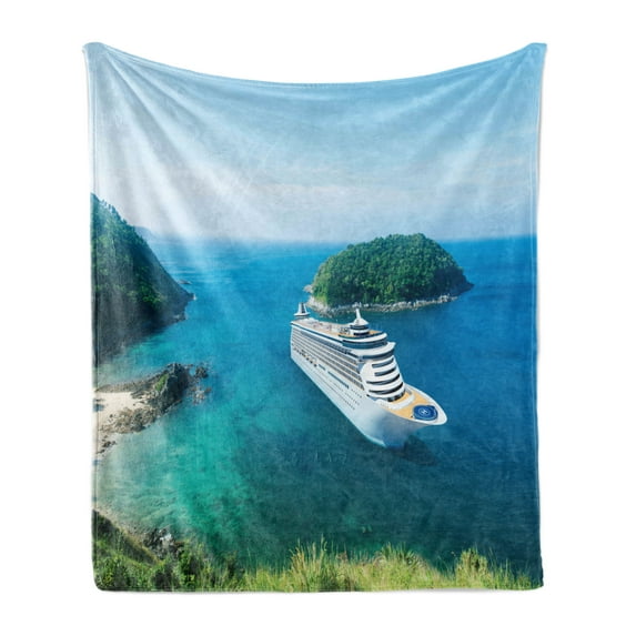 Cruise Ship Soft Flannel Fleece Blanket, Passenger Ship in the Ocean with Clear Blue Sky Summer Vacation Picture, Cozy Plush for Indoor and Outdoor Use, 70" x 90", Green Blue White, by Ambesonne