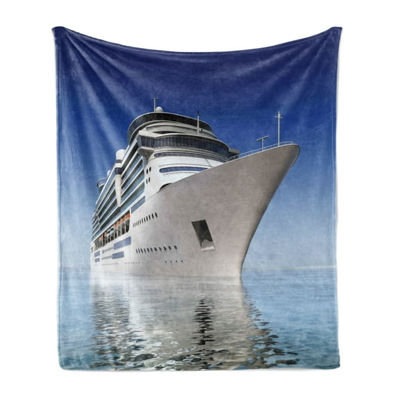 Cruise Ship Soft Flannel Fleece Blanket, White Cruise Ship on Water Level on a Clear Day with Calm Seas and Blue Sky, Cozy Plush for Indoor and Outdoor Use, 50" x 60", Blue and White, by Ambesonne
