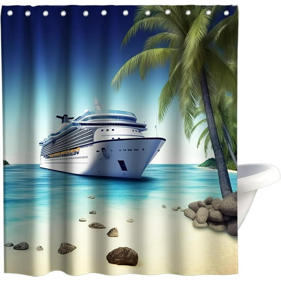 Cruise Ship Tropical Beach Island Theme Fabric Shower Curtain Sets Bathroom Ocean Decor with Hooks Waterproof Washable 72 x 84 inches Blue Green and White