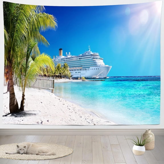 Cruise Ship Tropical Beach Wall Tapestry Caribbean Sea Palm Tree Coral Design 60 x 40 Inch Wall Hanging for Bedroom Living Room Dorm Home Decor