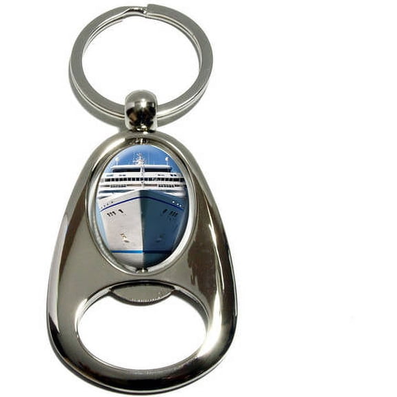 Cruise Ship on Ocean, Vacation, Chrome Plated Metal Spinning Oval Design Bottle Opener Keychain Key Ring