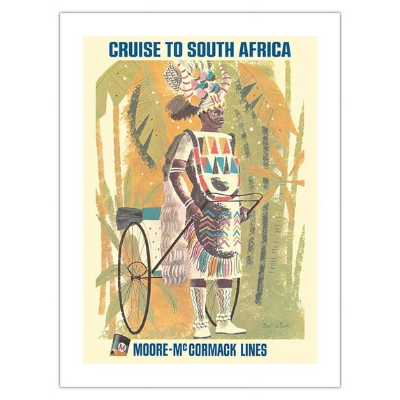 Cruise to South Africa - Durban Rickshaw Boy - Moore-McCormack Lines - Vintage Ocean Liner Travel Poster by Jane Oliver c.1960s - Fine Art Matte Paper Print (Unframed) 18x24in