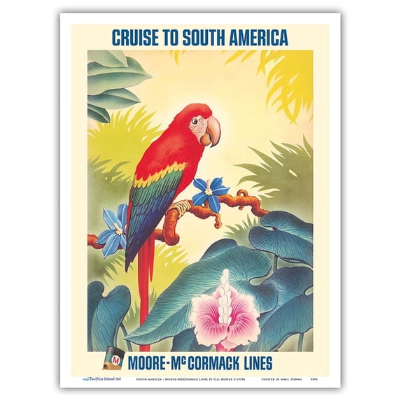 Cruise to South America - Scarlet Parrot - Moore-McCormack Lines - Vintage Ocean Liner Travel Poster by C. A. Rosser c.1950s - Master Art Print (Unframed) 9in x 12in