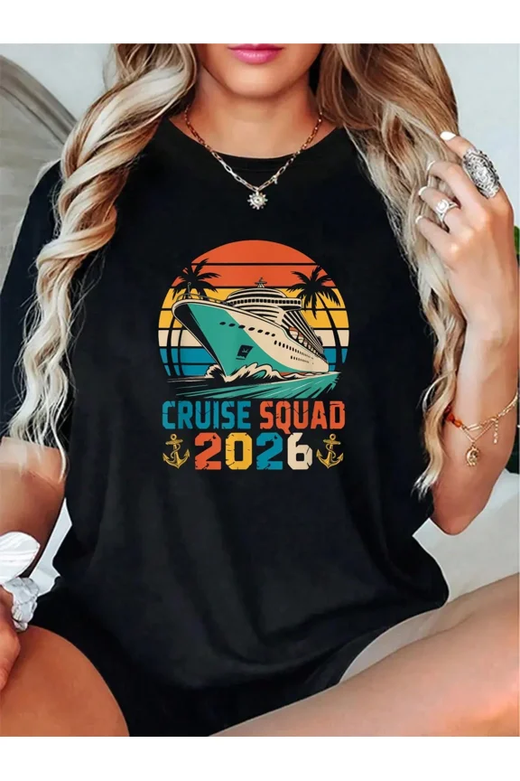 Cruise Squad 2026 Vacation T-Shirt for Women, Retro Nautical Summer Travel Graphic Tee