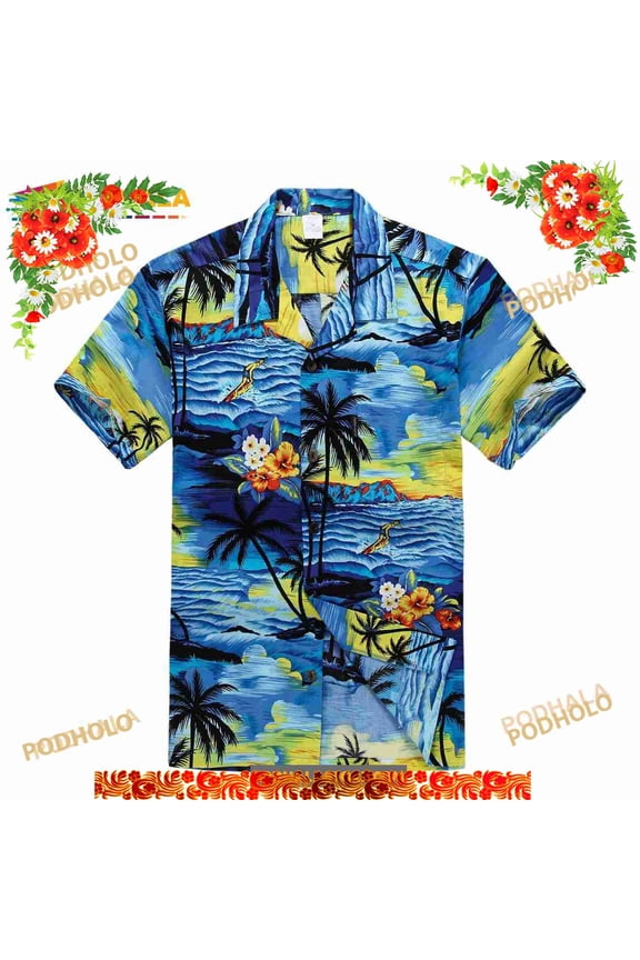 Cruise Tropical Luau Beach Party Blue Sunset Palm Tree Hawaiian Shirt