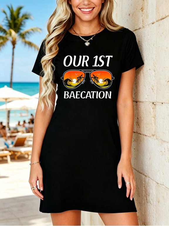 Cruise Vacation Matching Couple Our First Baecation 2026 T-Shirt Dress Summer Vacation Dress Casual Resort Wear