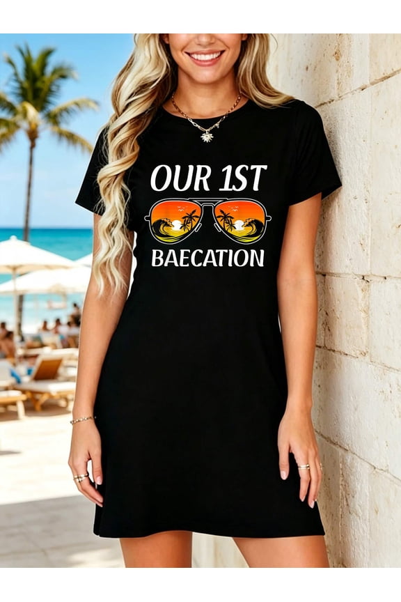 Cruise Vacation Matching Couple Our First Baecation 2026 T-Shirt Dress Summer Vacation Dress Casual Resort Wear