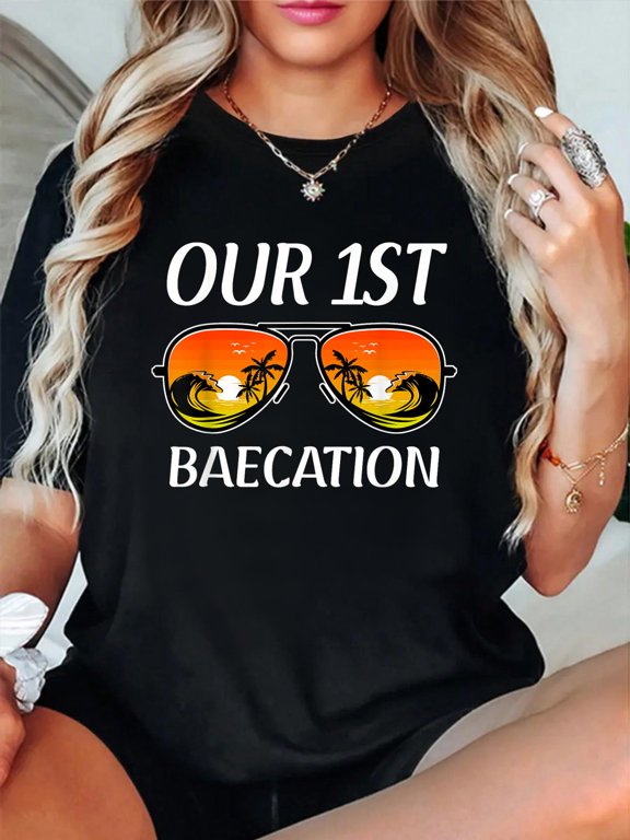 Cruise Vacation Matching Couple Our First Baecation 2026 T-Shirt casual short sleeve crew neck cotton tee tops for women