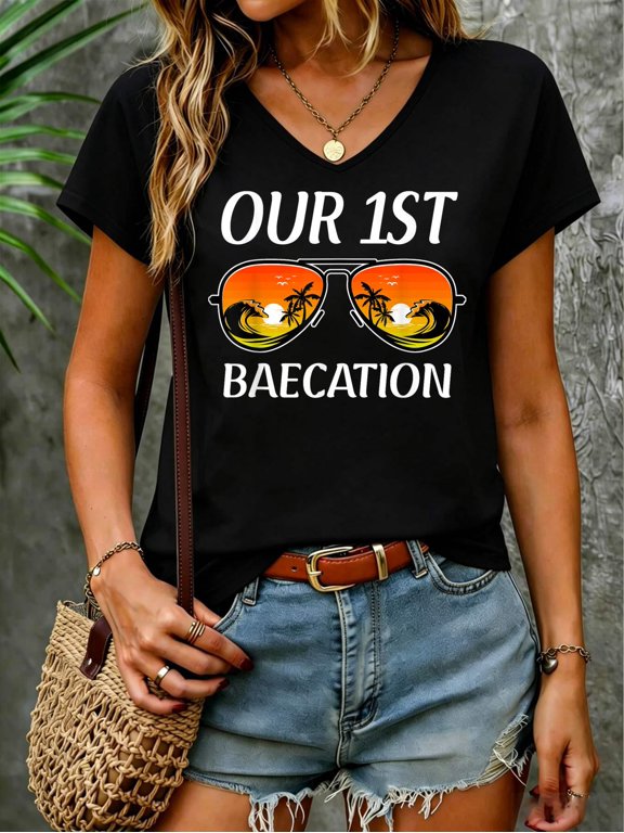 Cruise Vacation Matching Couple Our First Baecation 2026 V Neck T-Shirt Cotton Women's V Neck Graphic Tee, Casual Short Sleeve Shirt,Vacation Outfit