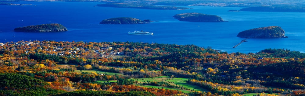Cruise ship and Mount Desert Island Acadia National Park Maine Canvas Art - Panoramic Images (27 x 9)