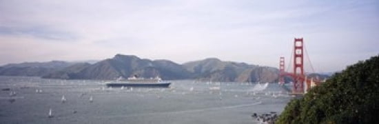 Cruise ship approaching a suspension bridge RMS Queen Mary 2 Golden Gate Bridge San Francisco California USA Canvas Art - Panoramic Images (36 x 12)