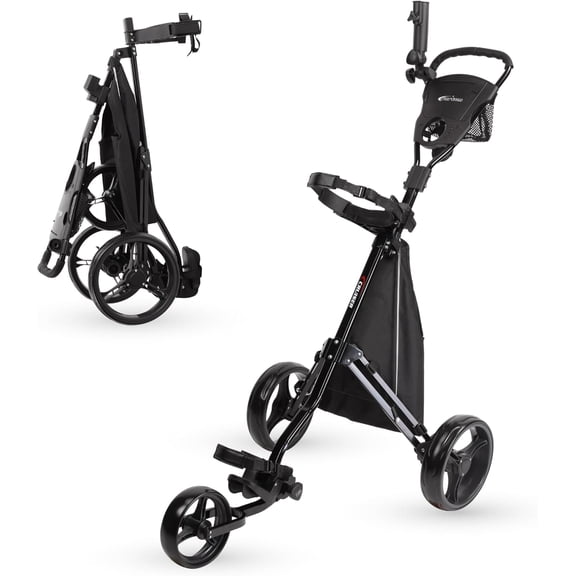 Cruiser 3-Wheel Golf Push Cart with Foot Brake & Stabilizer Rods Folding Golf Trolley, Ergonomic Handle, Detachable Storage Bag, Scorecard & Cup Holder