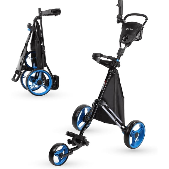 Cruiser 3-Wheel Golf Push Cart with Foot Brake & Stabilizer Rods  Folding Golf Trolley, Ergonomic Handle, Detachable Storage Bag, Scorecard & Cup Holder