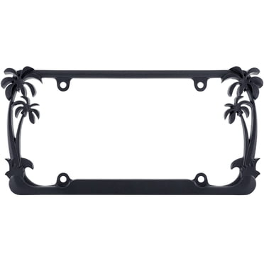 Tropical Palm Tree Chrome Polished License Plate Frame (2 Frames) With Screws Caps By Superb LNF (Black