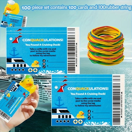 Cruising Duck Game Cards Set, Carnival Cruise Duck Tags with Rubber Bands, Conquackulations Duck Hiding Game Tags for Cruise Ship Activities, 100 Set