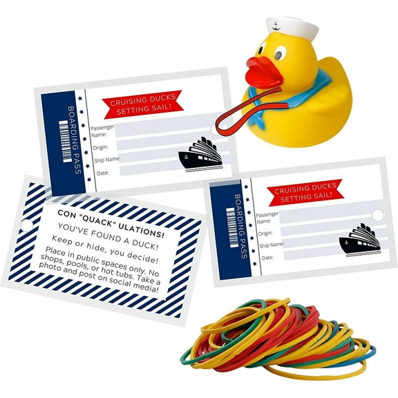 Cruising Ducks Boarding Pass Hang Tag with Rubber Bands 30 Pack Tags 2 x 3.5" inches Business Card Size Conquackulations #CruisingDucks