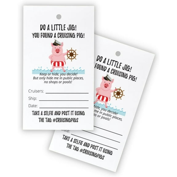 Cruising Ducks Cards Tags Cruising Pig 30 pk with Holes 2x3.5 Add to Your Rubber Ducks Do A Little Jig You Found A Pig Cruise Ship Carnival Game Labels Passport Captain Piggy