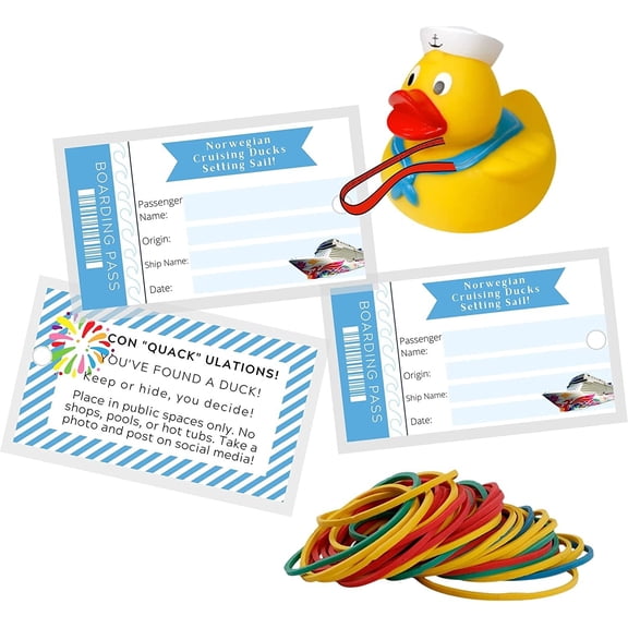 Cruising Ducks for Norwegian Cruise Line Boarding Pass Hang Tag with Rubber Bands 30 Pack Tags 2 x 3.5" inches Size to Attach to Sailor Rubber Ducks #CruisingDucks Cruise Ship Game