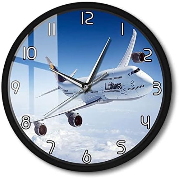 Cruising Lufthansa's Boeing 747 Printed Wall Clock with Metal Frame, Silent Non-Ticking Battery Operated Airliner Passenger Plane Black Aluminum Frame Clock Gift for Flight Attendants