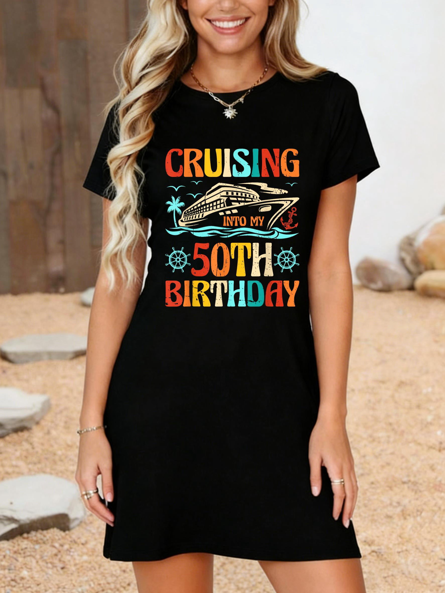 LGY Cruising My Way Into My 50th Birthday Cruise T-Shirt Dress Summer Vacation Dress Casual Resort Wear, Women's, Size: Large, Black