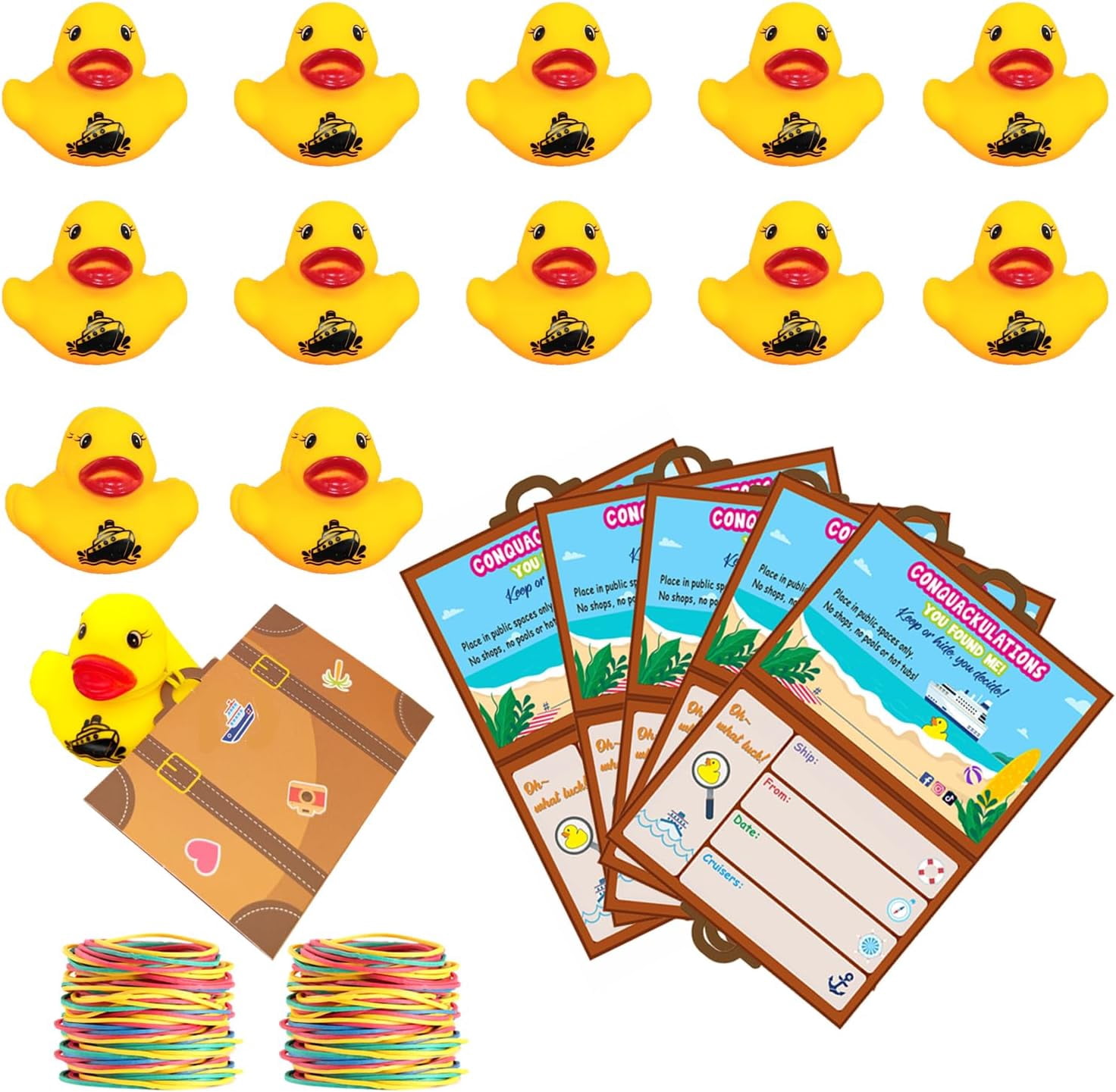 Cruising Rubber Ducks for Cruising, Ducking Games Card, 20 Rubber Ducks, 20 Duck Tags, 20 RubberBands, 3 x 4.7 Inch, Suitcase Shape Design Duck Tags