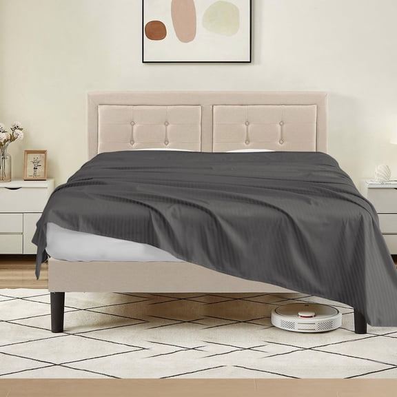 Cruiz Linen 500-Thread Count Flat Sheet/Top Sheet – Ultra-Soft Egyptian Cotton, Single Piece, Stripe Elephant Grey King Size (102" x 108")