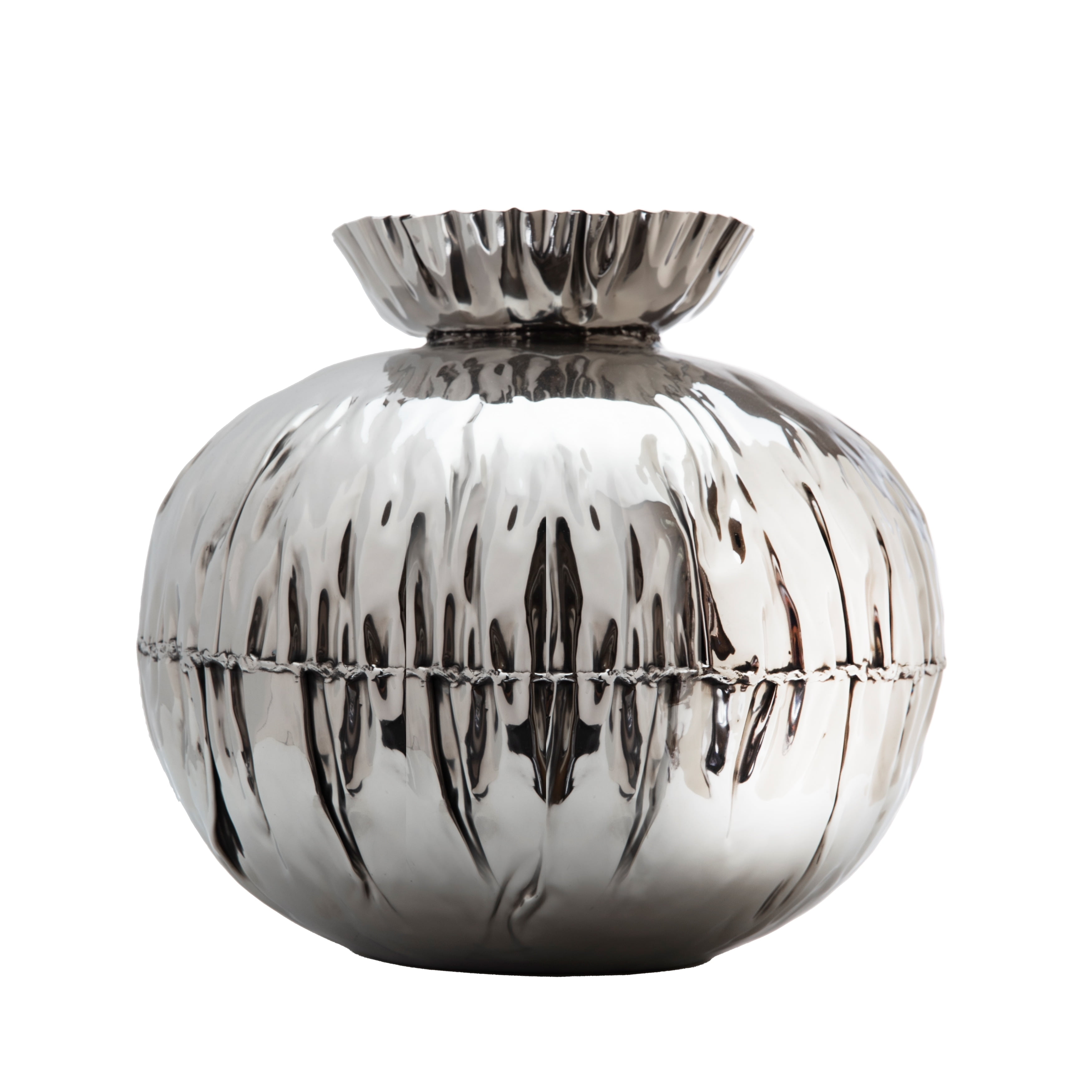 Large Silver Crumpled Edge Stainless Steel Vase