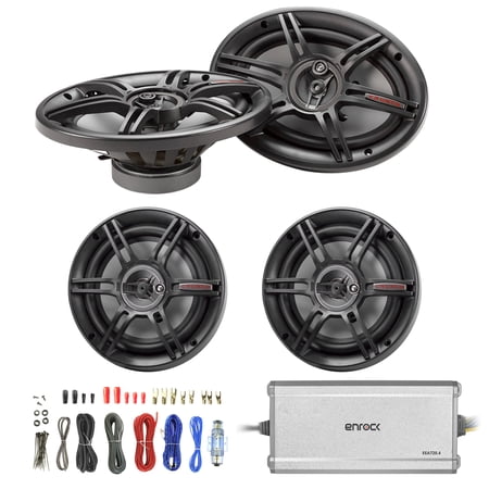 Crunch 6.5" 3-Way Black Car Speakers (Pair), Crunch 6x9" 3-Way Car Black Speakers (Pair), Enrock Marine/Outdoor 4-Channel Marine Amplifier, Enrock Audio 18 AWG Gauge 50 Feet Speaker Wire Cable