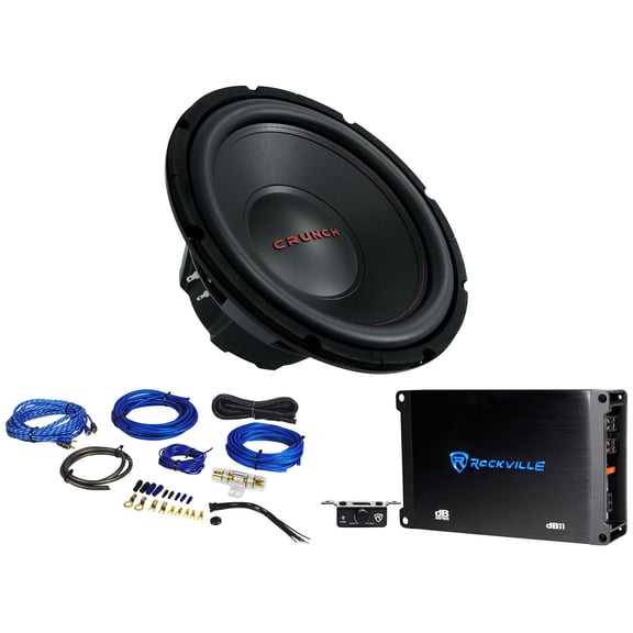 Crunch CRW12D4 12" 800w Subwoofer DVC 4 Ohm Car Audio Sub+Mono Amplifier+Amp Kit