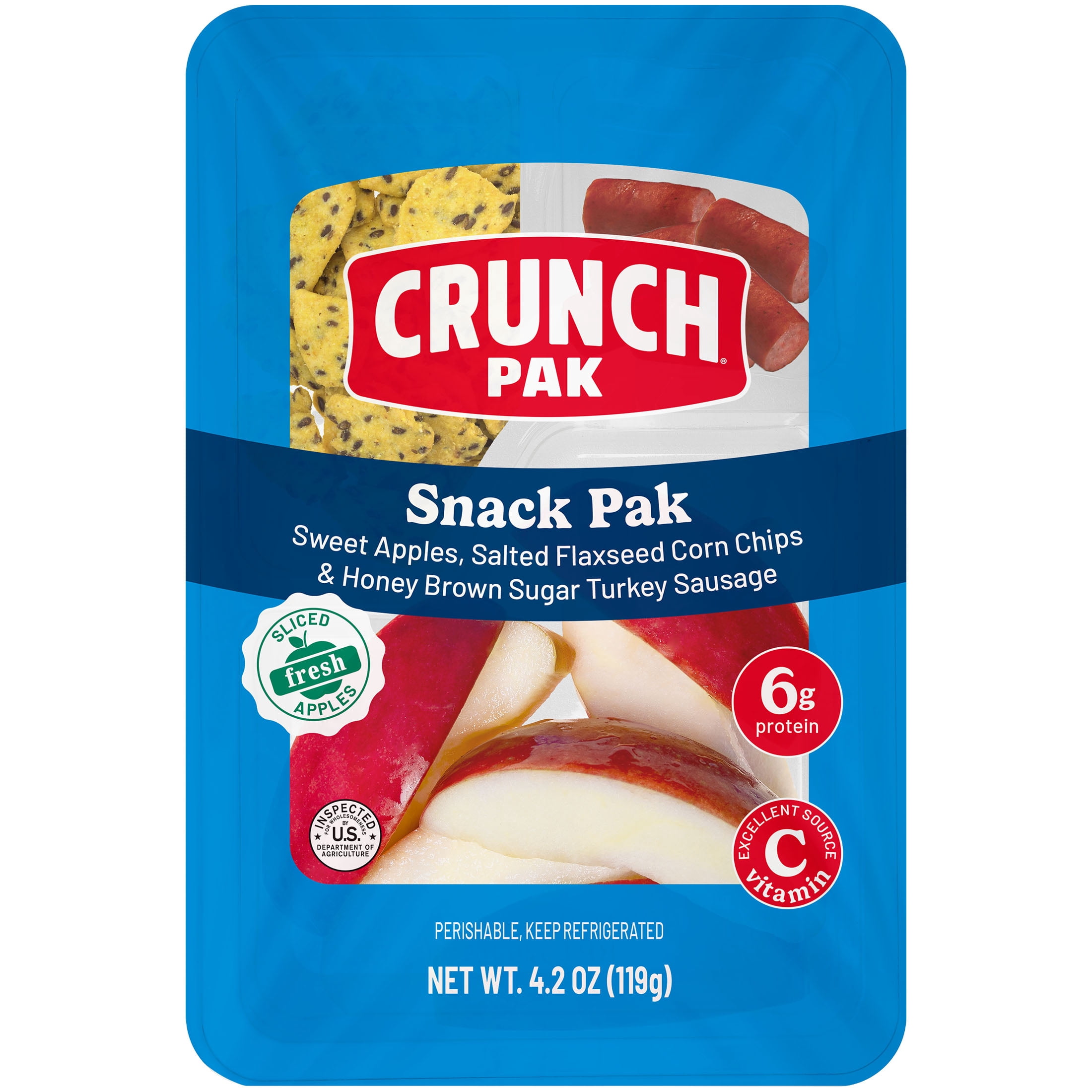Crunch Pak Snack Pak Fresh Apple Slices,  Salted Flaxseed Corn Chips & Honey Brown Turkey Sausage, 4.2oz Tray