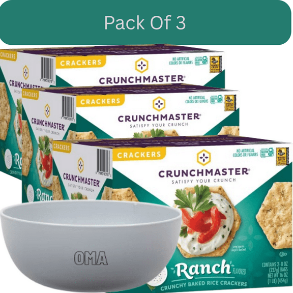 Crunchmaster Gluten-Free Ranch Rice Crackers, Light & Crunchy Snack, 8 oz., 2 pk. With White Bowl By OMA