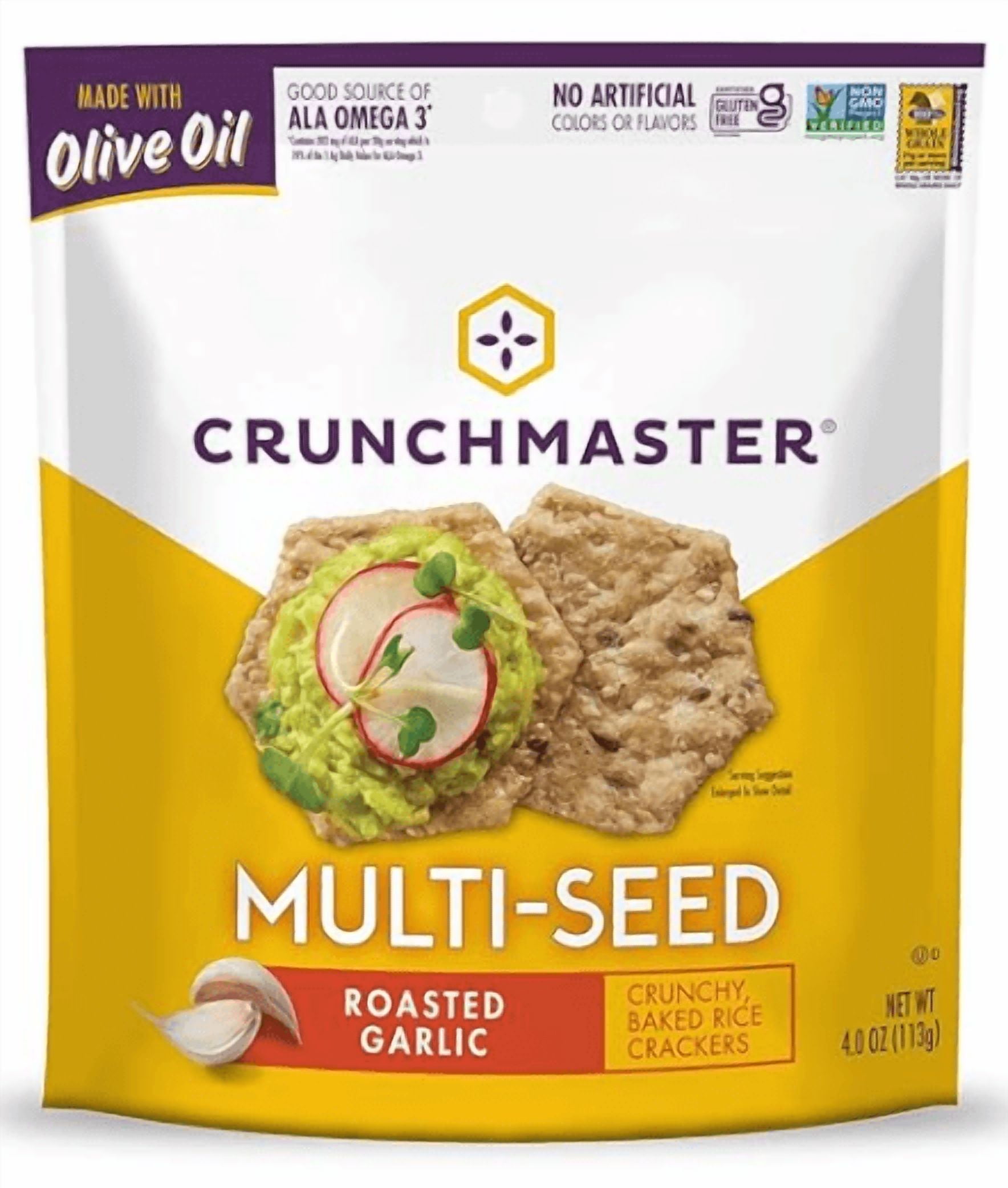 Crunchmaster Multi-Seed Roasted Garlic Cracker, 4.0 oz, 1 Plastic Pouch