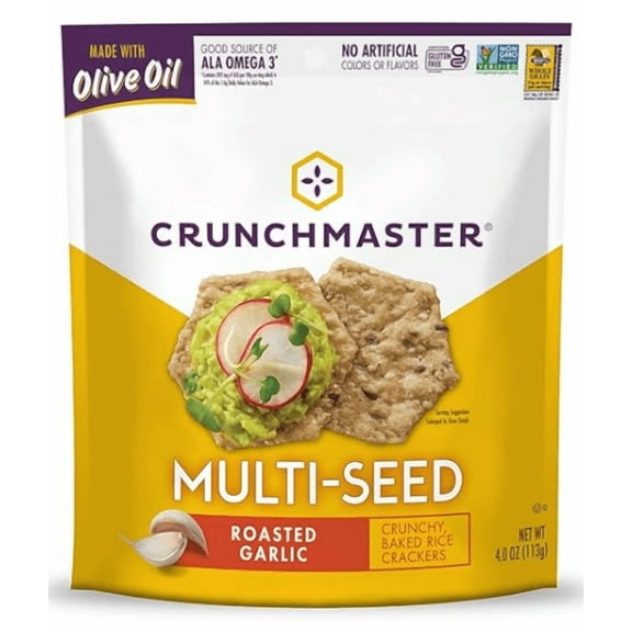 Crunchmaster Multi-Seed Roasted Garlic Cracker, 4.0 oz, 1 Plastic Pouch