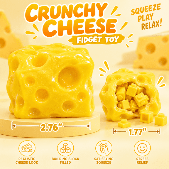 Crunchy Cheese Fidget Toy,Building Block Filled Sensory Squeeze,Moldable Stress Relief ASMR Desk Gift for Adults,1.77in or 2.76in