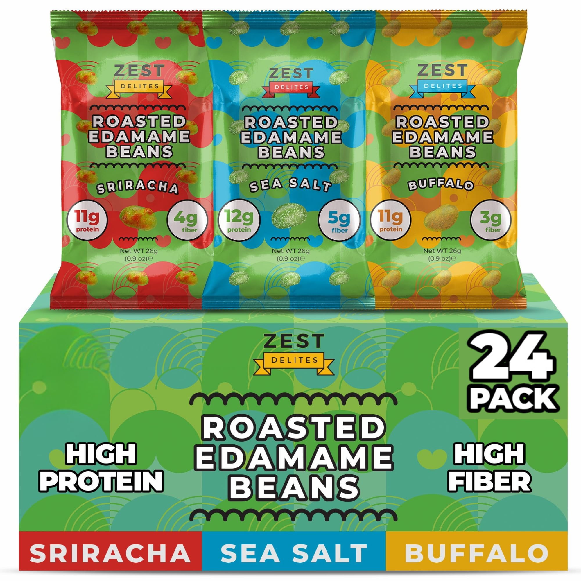 Crunchy Dry Roasted Edamame Beans MDA05&nbsp;Snack by Zest Delites, Sea Salt - Sriracha - Buffalo, Vegan, Low Calorie High Protein Snacks, Low Carb, Keto, Gluten Free, 0.9 oz 24 Packs