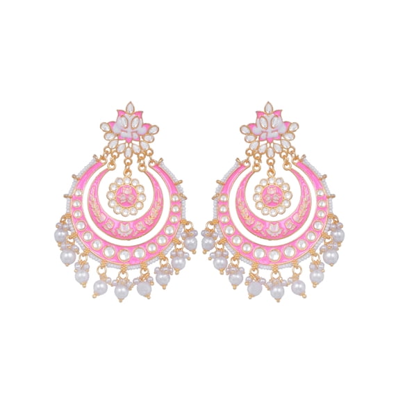 Crunchy Fashion Bollywood Jewellery Traditional Ethnic Bridal Bride Wedding Bridesmaid Crunchy Fashion Dazzling Pearl Gold-Plated Kundan Meenakari Pink Chandbali Earrings