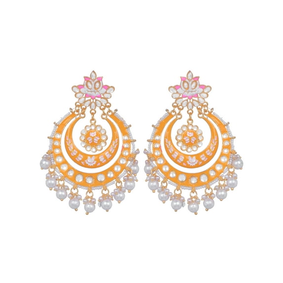 Crunchy Fashion Bollywood Jewellery Traditional Ethnic Bridal Bride Wedding Bridesmaid Crunchy Fashion Dazzling Pearl Gold-Plated Kundan Meenakari Yellow Chandbali Earrings